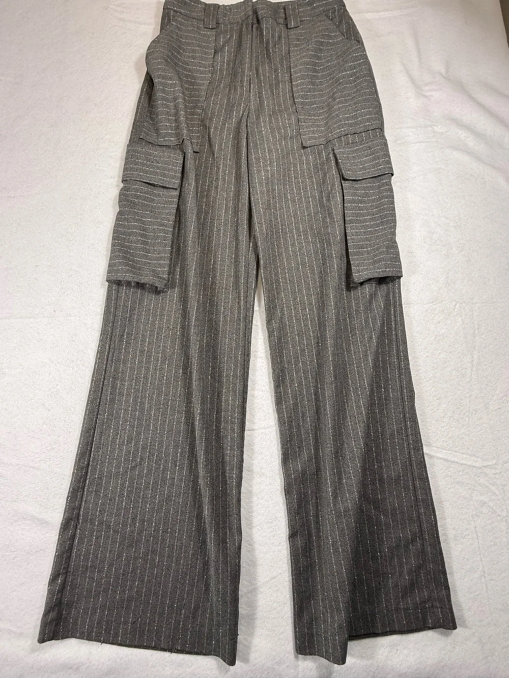 Ramy‎ Brook Cargo Pants Noa Metallic Pinstripe Gray Wide Leg Size 2